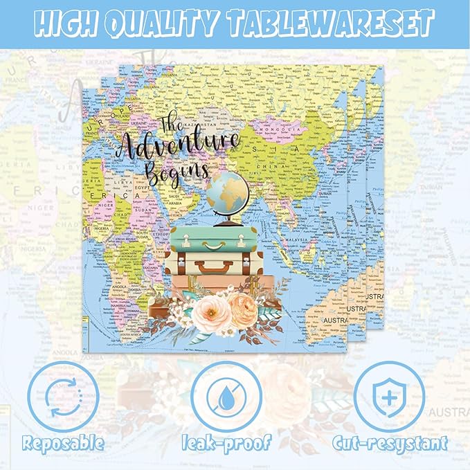 48Pcs Adventure Awaits Party Decorations, Travel Themed Party Decorations Include Disposable Forks Paper Plates and Napkins Supplies for Globe Birthday Baby Shower Graduation Decorations