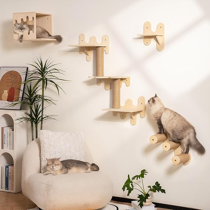Mewoo Cat Wall Shelves, Wooden Cat Wall Furniture, Stable Cat Wall Steps, Cat House and Cat Perch for Wall Mounted, Cat Climbing Shelves Cat Ladder for Most Kittens & Adult Cats, Set of 4, Beige