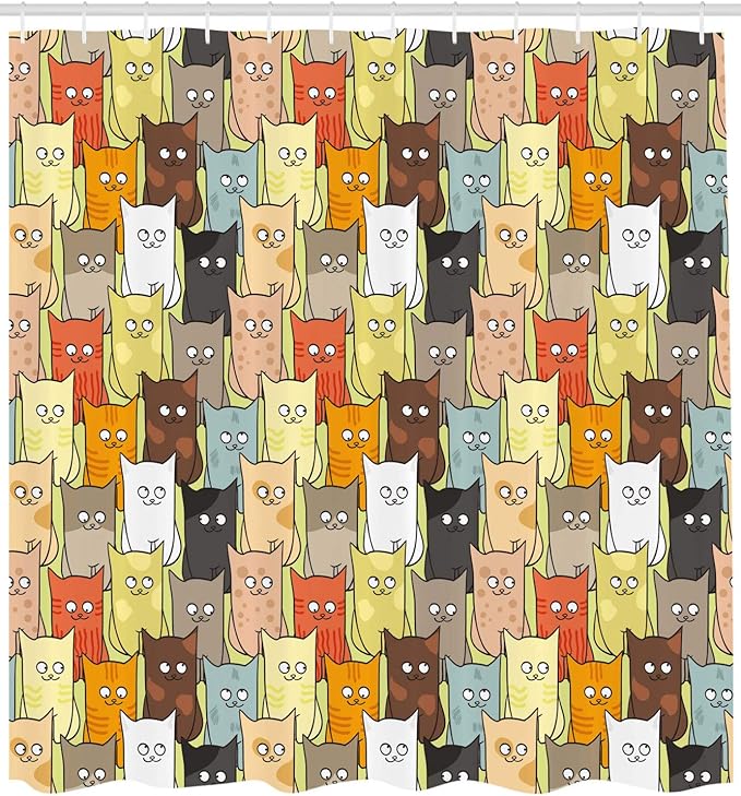 Ambesonne Cats Shower Curtain, Funny Colorful Graphic Kittens Cartoon Style Boys Girls Playroom, Cloth Fabric Bathroom Decor Set with Hooks, 69" W x 84" L, Pastel Pink Grey