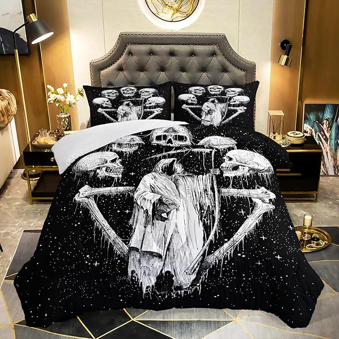 AILONEN Skull Comforter Set, Skull Bedding Set for Boys, Twin Size Skeleton Theme Quilted Duvet, 3 Piece Set (1 Comforter, 2 Pillowcases)