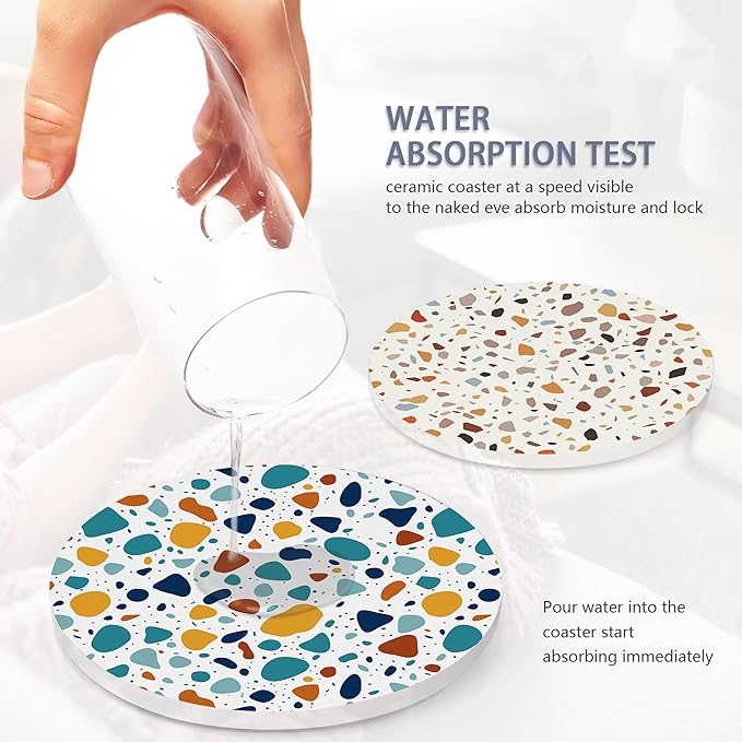 6 Pcs Coasters for Drinks with Holder, Terrazzo Marble Absorbent Ceramic Coasters with Cork Base,Cute Funny Table Drinks Coasters Tabletop Protection Mat,Table Home Decor,4 Inches
