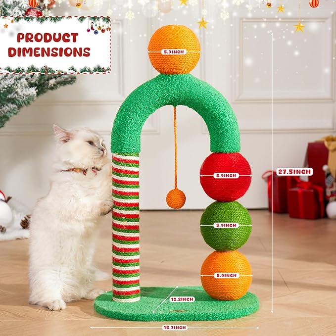 Durable Cat Scratching Post, Natural Sisal Cat Scratcher for Indoor Cats and Kittens, Cat Post with Dangling Ball, Easy Assembly with Bonus Sisal Ball Toy, Fun Candy Cane Design