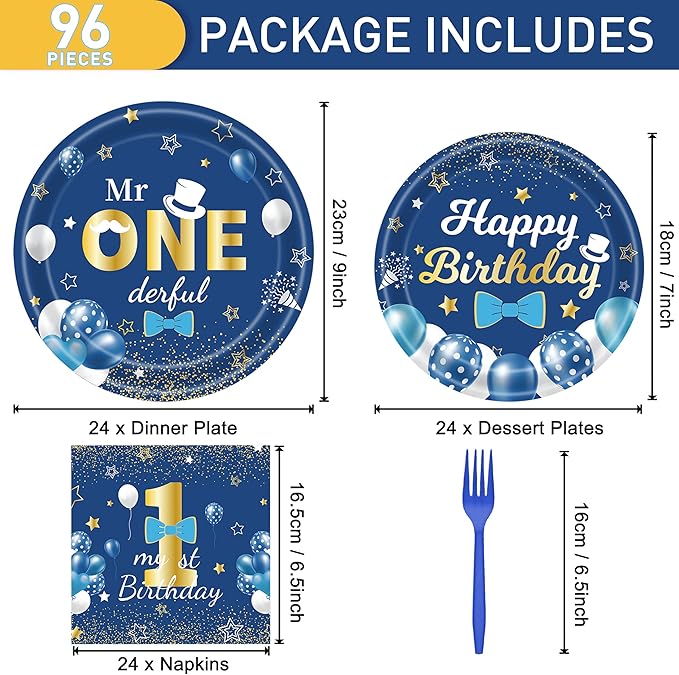 96 Pcs Blue Party Plates and Napkins Decorations Tableware Set Supplies Disposable Paper Dessert Birthday Table Dinnerware Favors Set, Serves 24 Guests