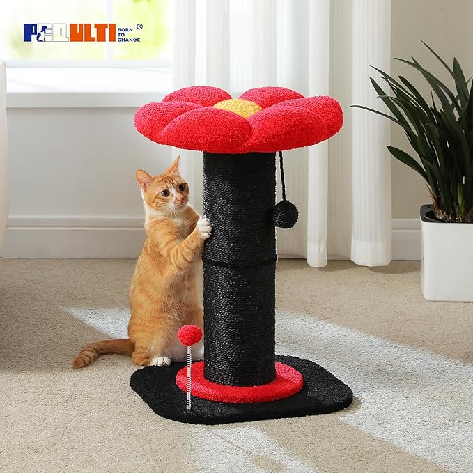 PEQULTI Flower Cat Scratching Post, Gothic Cat Tree, Tall Cat Scratcher for Indoor Cats with Super Thick Scratching Post [Dia=5.5''], Removable Flower Cat Bed, Cat Scratch Post with Spring Ball, Black