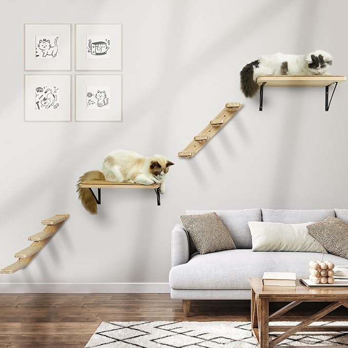 Cat Climbing Shelves Wall Mounted 2PCS Four Cat Steps Reversible Left & Right Direction, Cat Shelf Stairway for Wall with Jute Scratching Ladder Cat Wall Shelves Furniture for Perch Sleeping