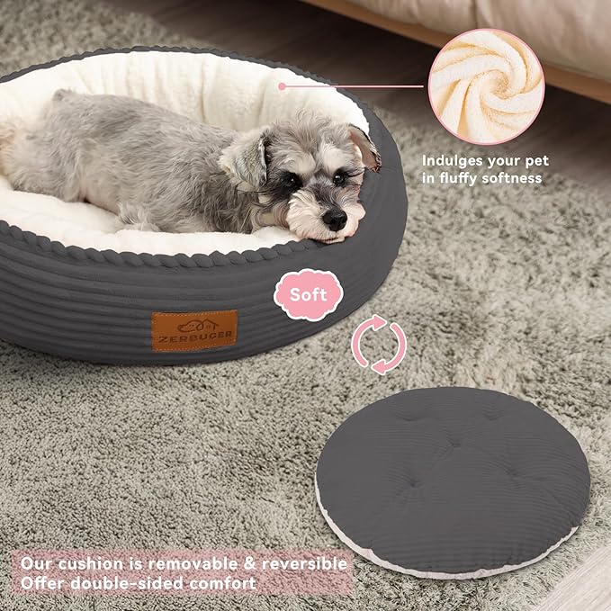 30in Round Cat Dog Bed for Large Medium Small Dogs Cats, Machine Washable Sleeping Sofa, Non-Slip Bottom Breathable Soft Calming Pet Cuddler for Indoor/Outdoor/Car/Cage, Dark Grey