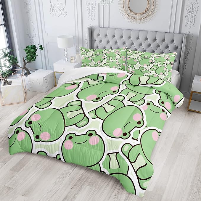 AILONEN Frog Comforter Set, Cartoon Frog Bed in a Bag Bedding Set Twin Size,Quilted Duvet for Teens Boys Kids Girls,1 Comforter 2 Pillowcases 3 Piece