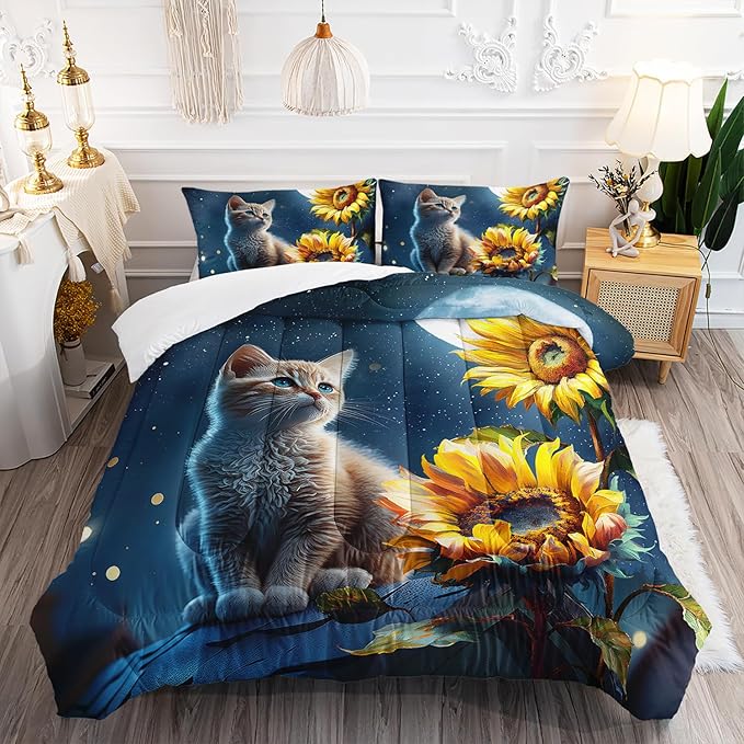 AILONEN Cute Cat Comforter Set Queen Size, Sunflowers Cat Bedding Set,3D Starry Moon Cat Comforter Set for Boys Girls,Kawaii Cat Duvet Set 3 Pieces, 1 Quilt and 2 Pillowcases