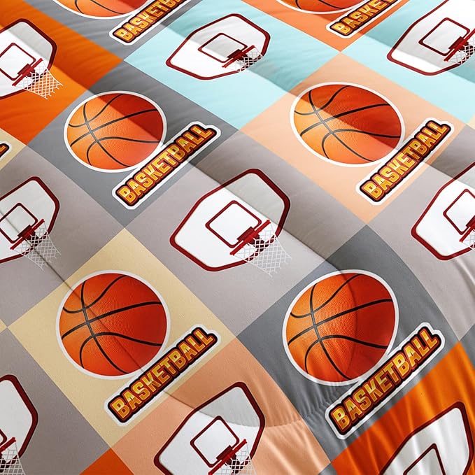 Basketball Bedding Kids Comforter Set Full Size,Sports Style Basketball Printing Bedding Set for Teens Boys Room Decor,Ball Sports Games Comforter Set Soft Kids Bedding with 2 Pillowcases.