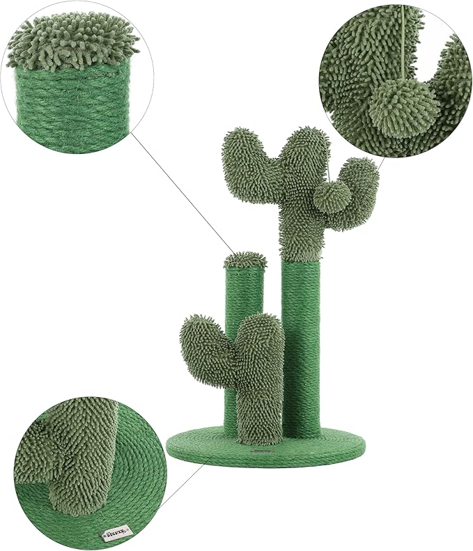 CTR1008A Marfa 21.5" Modern Jute Triple-Cactus Cat Scratching Post with Fuzzy Toy, Green