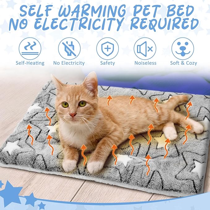 2 Pack Self Warming Cat Mat Self Heating Cat Pad Cat Bed Reversible Machine Washable Reflects Body Heat Warm Thermal Pet Pad Crate Blanket for Feral and Indoor Cat(Double Star,22'' X 18'')