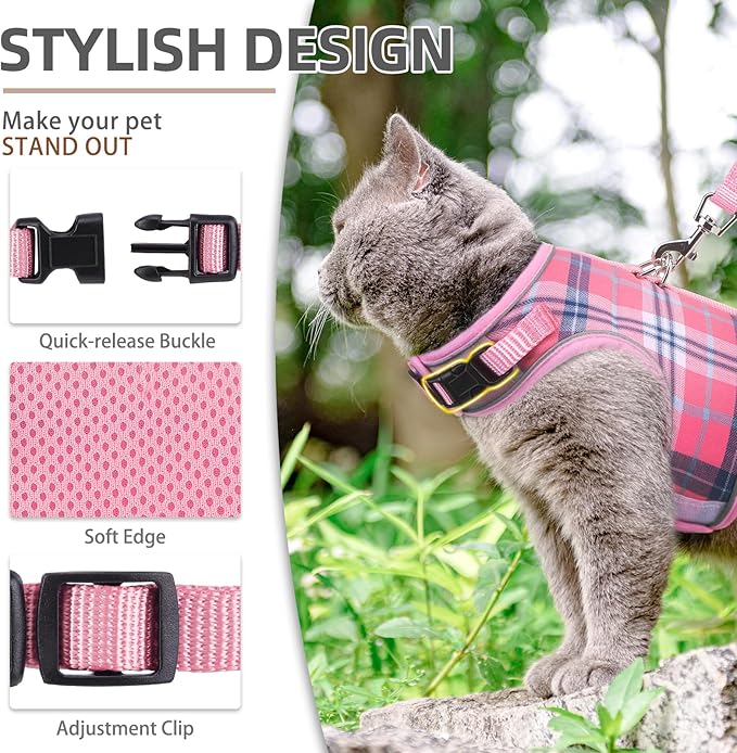 PUPTECK Soft Mesh Cat Vest Harness and Leash Set Puppy Padded Pet Harnesses Escape Proof for Cats Small Dogs Rabbits Bunny, Plaid Pink, L