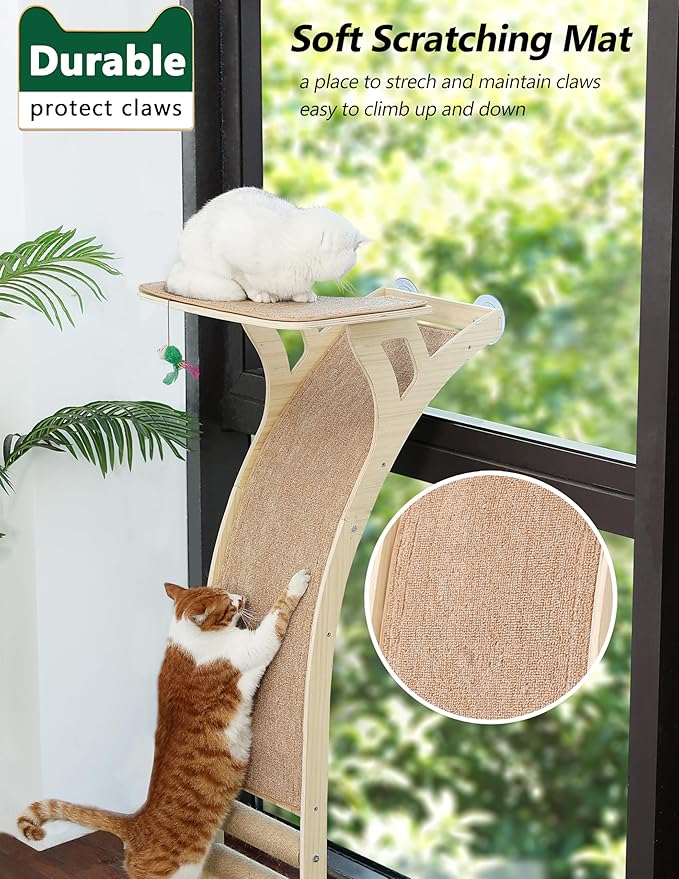Cat Window Perch with Scratcher Ramp, 48" Climbing Tree Suctions Cups to Window Maximum Hold Up to 45lb, Wood Window Shelf for Small Medium Indoor Cats