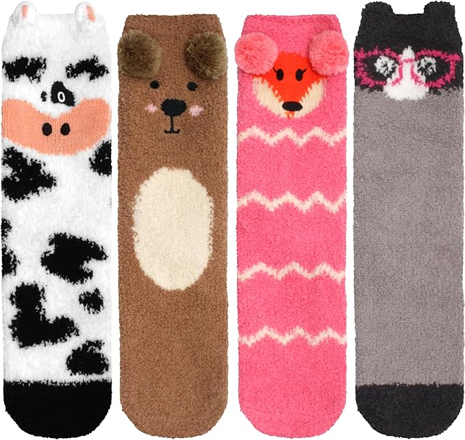 BambooMN Super Soft Warm Cute Furry Animal Non-Slip Fuzzy Cozy Fluffly Crew Winter Home Socks, Value Pack