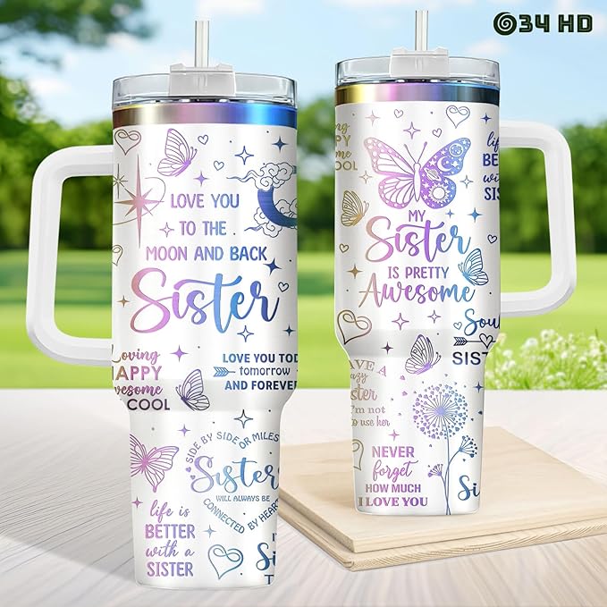 34HD 40oz Sister Tumbler with Handle and Straw, Vacuum Insulated Sis Coffee Mug, Soul Bestie Cup with Lid, Anniversary Birthday Gifts for Soul Sisters Women