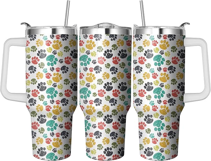 40 Oz Paw Print Tumbler With Handle and Straw, Double Wall Stainless Steel Cup, Insulated Coffee Mug for Cat Mom or Dad, Leak Proof Insulated Mug for Women Gifts