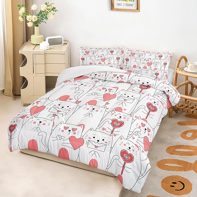 AILONEN Cute Cartoon Cat Comforter Set Full Size, Romantic Hearts Printed Kitted Bedding Set,Kids Girls Soft Microfiber Comforter with 2 Pillowcases,3-Piece for Bedroom