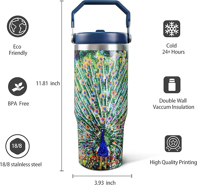30oz Peacock Tumbler with Handle and Straw, Stainless Steel Vacuum Insulated Coffee Tumbler, Travel Mug Water Bottle, Peacock Stuff Accessories Decor, Peacock Gifts for Women