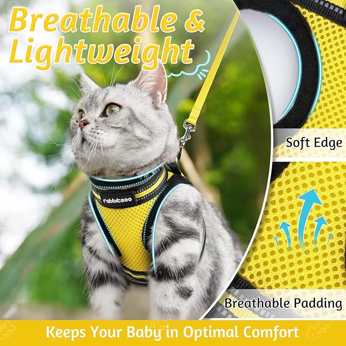 rabbitgoo Cat Harness and Leash Set for Walking Escape Proof, Adjustable Soft Kittens Vest with Reflective Strip for Cats, Comfortable Outdoor Vest, Bright Yellow, L