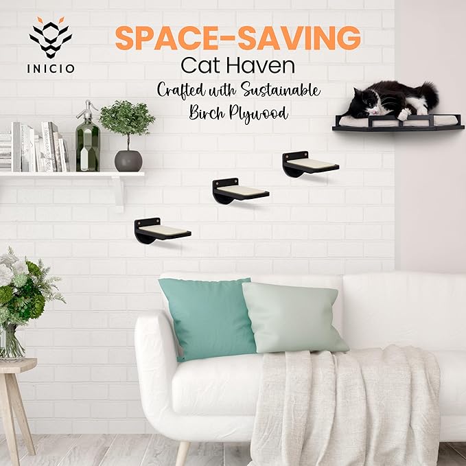 Cat Wall Shelves - Cat Shelves for Wall, Cat Shelf w/Cat Wall Steps, Cat Wall Furniture Black - Corner Cat Shelf, Cat Shelves with Cat Wall Bed