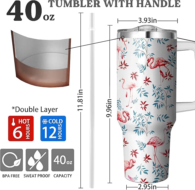40 Oz Flamingo Tumbler with Handle and Straw, Flamingo Cup Double Wall Stainless Steel Flamingo Mug, Insulated Flamingo Coffee Cup, 40 Oz Flamingo Drinking Cup as Flamingo Gifts for Women
