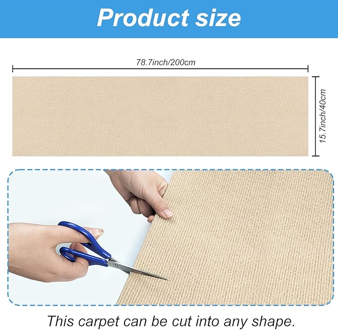 Trimmable Cat Scratching Post Carpet Covered 78.7”x15.8” Self-Adhesive Cat Tree Shelves Replacement Parts Mat Cat Scratcher Mat for Cat Shelf Steps Couch Furniture DIY Protector(Beige)