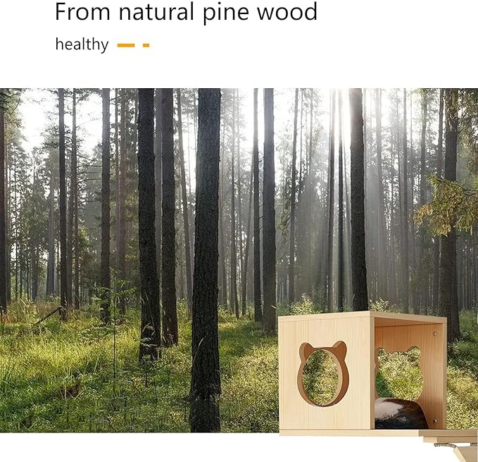 Cat Wall Shelves, 3 Levels Cat Furniture with 1 Condo, 2 Shelves, 1 Scratching Post, 1 Bridge Ladder, Pine Wood