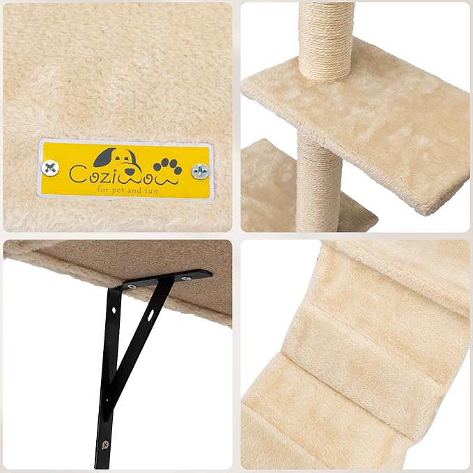 COZIWOW Cat Wall Shelves, Wall-Mounted Cat Climber Set of 5, Floating Cat Perches, Hanging Cat Beds, Modern Cat Furniture for Large Cats or Kitty (Beige)