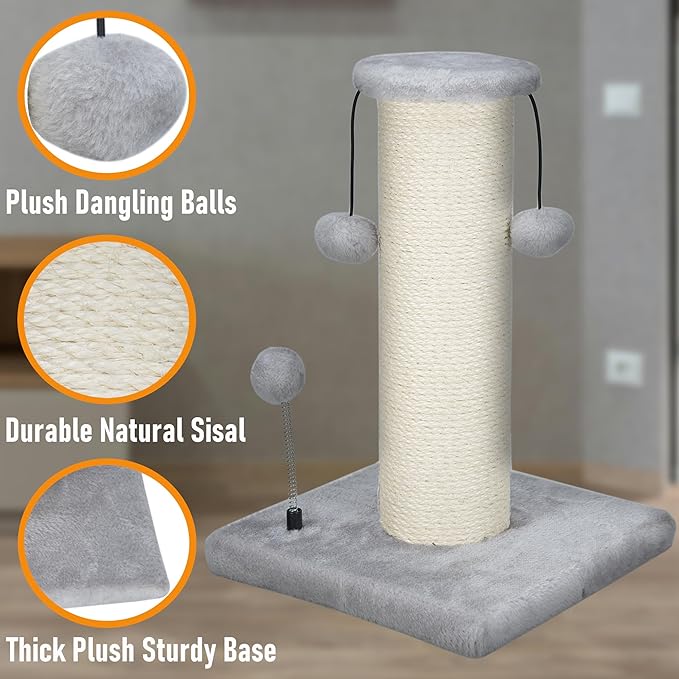 Dimaka Large Heavy Cat Scratching Post for Cats with 6" Wide Elevated Top Stand, Cat Tree Scratcher, 4.5" Dia. Big Sisal Rope Pole with 3 Teasing Balls, Extra Heavy Thick Stable Base (Grey)