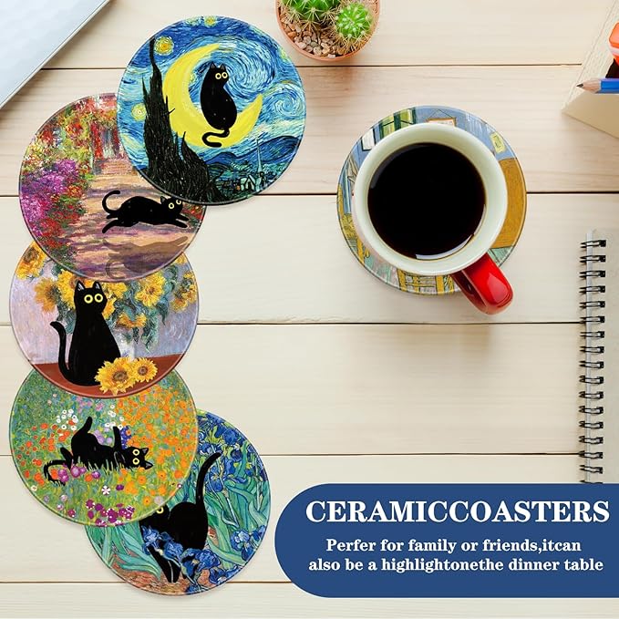6Pcs Black Cat Painting Coaster Floral Animal Ceramic Coaster Cute Flower Absorbent Cup Mat for Spring Home Kitchen Party Table Decor