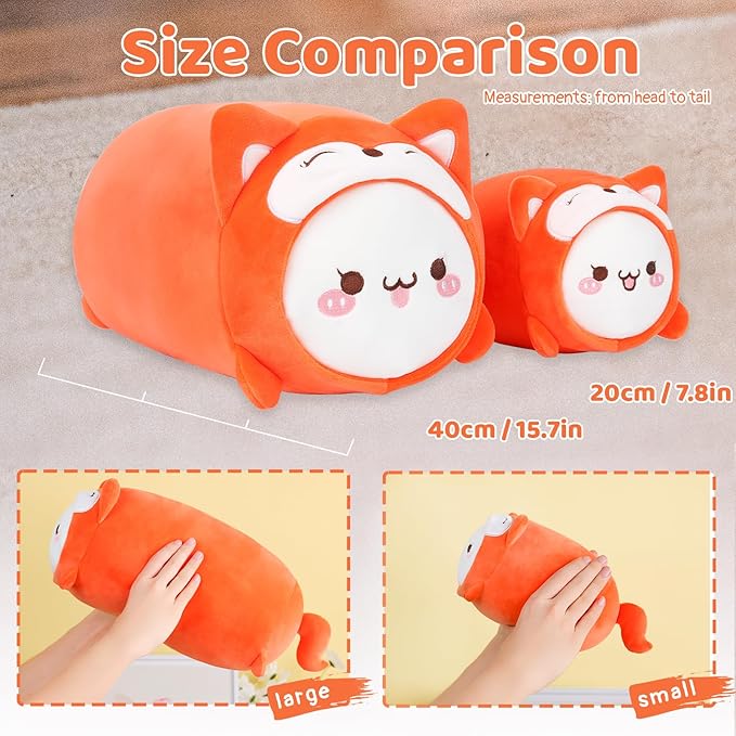 AIXINI Cute Cat Fox Plush Pillow 15.7” Kitten Foxes Stuffed Animal, Soft Kawaii Cat Plushie with Fox Outfit Costume, Hugging Plush Squishy Pillow Toy Gifts for Kids