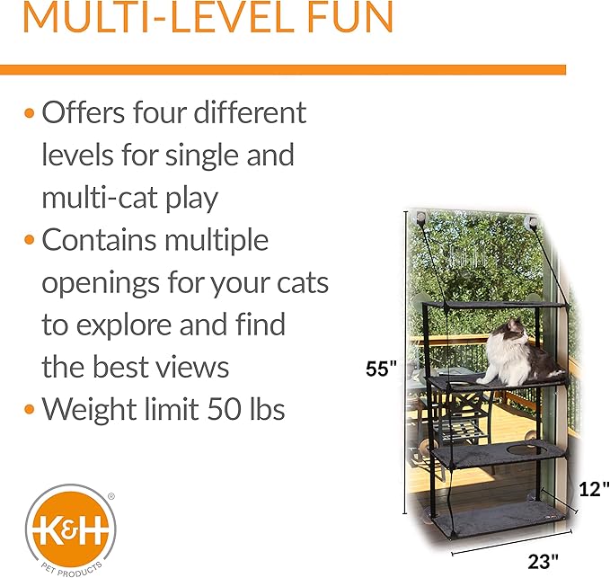 K&H Pet Products EZ Mount Window Sill Cat Bed, Cat Window Hammock, Sturdy Cat Window Perch for Large Cats, Cat Window Bed Cat Furniture, Cat Hammock for Window 4 Level Cat Perch Cat Shelf - Gray