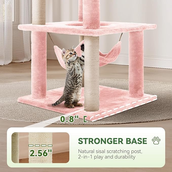 61" Large Cat Tree Tower for Indoor Cats with DIY Green Leaves Scratching Post Multi Soft Hang Ball Plush Cat House Furniture 360° Rotating Cat Scratch Board with Hammock, Square Pink