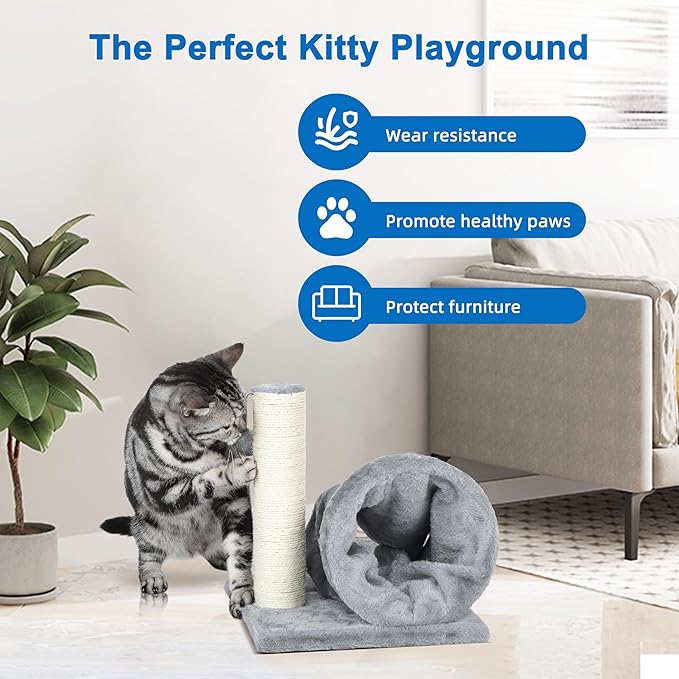 Cat Tree with Cat Play Tunnel, 11.8 in Cat Scratching Post with Scratching Board,Cat Scratch Pad with Toy Ball for Indoor Cats,Protect Furniture