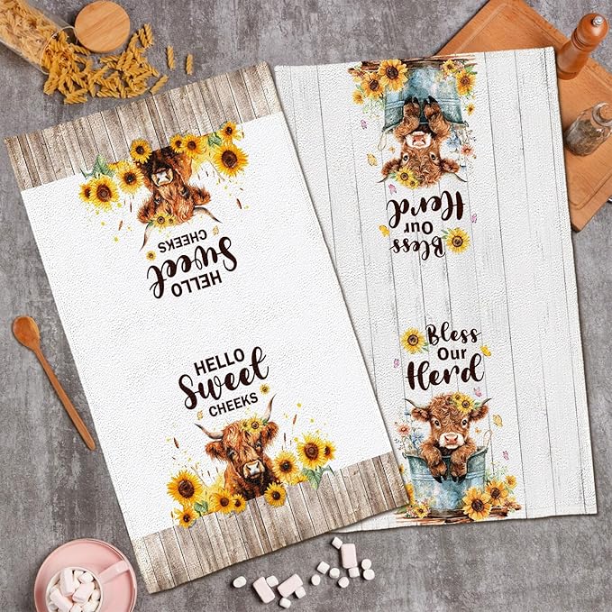 2 Pcs Highland Cow Gifts Highland Cow Kitchen Towels for Farmhouse Bathroom Kitchen Decor 24 x 16 Inch Highland Cattle Tea Hand Towels