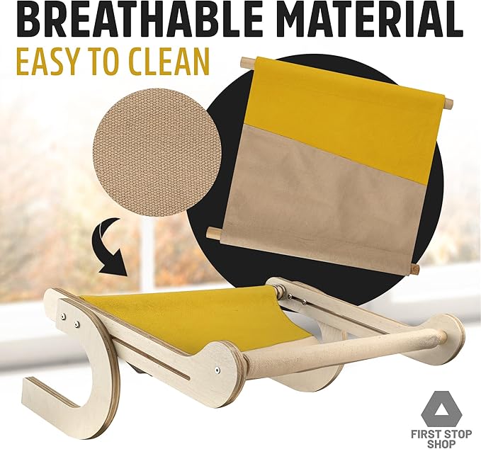 Cat Window Perch with Comfortable Bedding - Cat Perch for Window & Wall - Easy to Install Wooden Cat Window Hammock - Window Cat Perch for Small & Large Cats (Yellow & Beige)