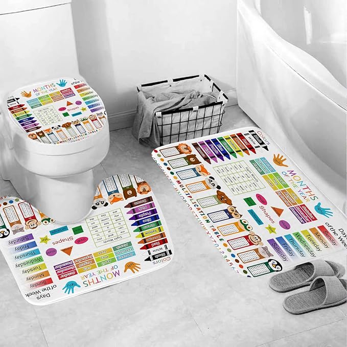4 Pcs Educational Kids Shower Curtain Set with Non-Slip Rugs, Months, Days, Shapes, and Multiplication Table for Learning – Fun Cartoon Animals Design, Bathroom Decor for Children 72Lx72in