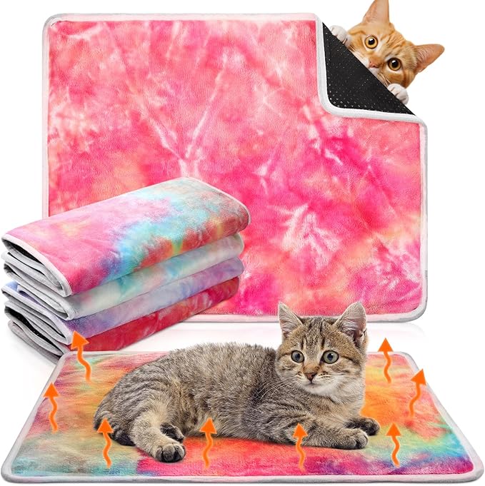 4 Pack Self Heating Cat Bed Cat Self Warming Pad with Removable Cover Extra Warm Thermal Pet Pad Washable Pet Crate Mat Anti Slip Kennel Pad for Indoor Outdoor Pets(Tie Dye,16 x 20 Inches)