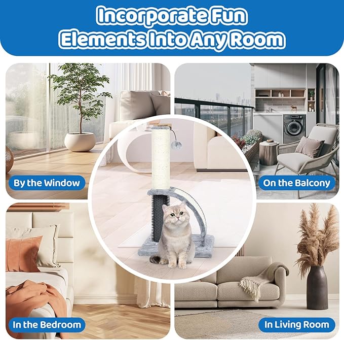 Tall Cat Scratching Post with Groomer, 19.6" Scratching Post with Wood Frame, Stable Sisal Cat Post with Extra Interactive Dangling Plush Toy,Protect Furniture