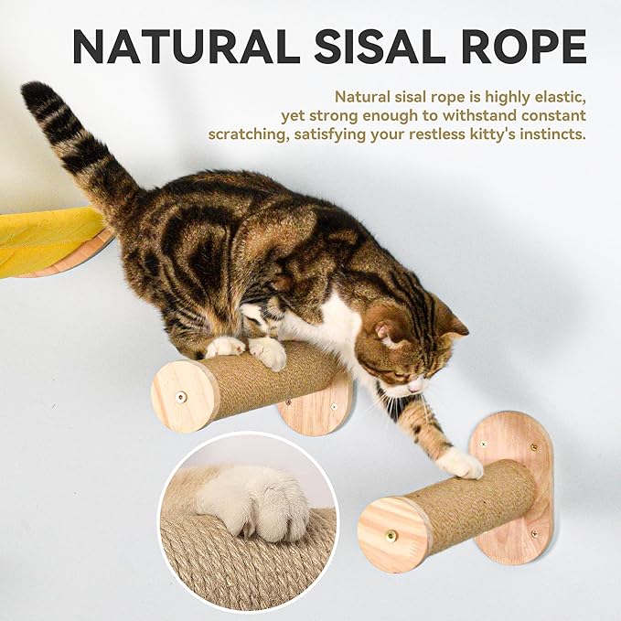 Wall Cat Bed Moon, Cat Hammock Wall Mounted Shelf with 2 Steps Cat Climbing Shelf and Sisal Cat Rope Scratching Post Cat Wall Furniture Cat Bridge Ladder Wooden Indoor Cat Wall Bed-Moon Set