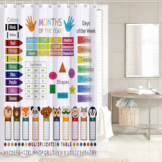 4 Pcs Educational Kids Shower Curtain Set with Non-Slip Rugs, Months, Days, Shapes, and Multiplication Table for Learning – Fun Cartoon Animals Design, Bathroom Decor for Children 72Lx72in