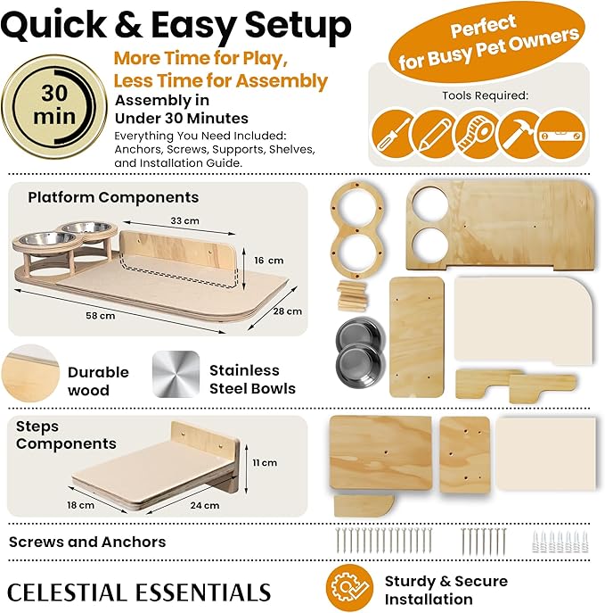 Cat Wall Shelves by CELESTIAL ESSENTIALS –Modern Wall-Mounted Cat Climbing Shelves with Bowls, Steps, Hammock, Carpet Bed, Spacious Perching Shelf, Sturdy Furniture Gift, Special Sale!