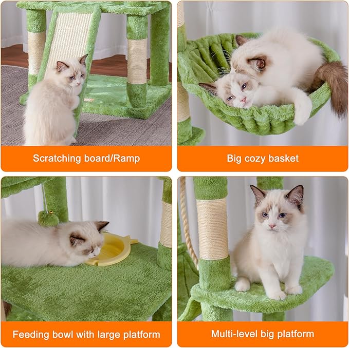Heybly Tall Cat Tree,78 inch Multi-Level Cat Tower for Indoor Cats,2 Widened Plush Perches Cat Condo with Scratching Board and Big Caves,Green HCT033GR