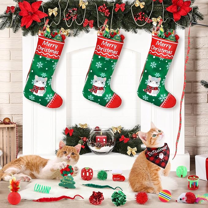 24Pcs Christmas Cat Stocking Toys Interactive Cat Toys Christmas Countdown Christmas Kitten Gift Set Christmas Hanging Stocking Xmas Cat Stocking Toy with Bibs Deer Bell Balls Xmas Tree Teaser for Cat