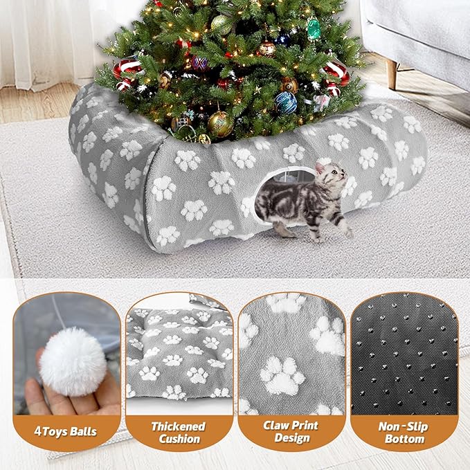 110" Cat Tunnel Bed for Indoor Cats, Foldable Large Peekaboo Cat Cave Donut with 4 Toys Balls and 4 Caves Holes for Kittens, Rabbits, Ferret Tunnel and Tubes