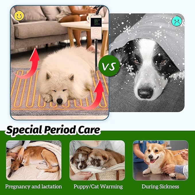 PatiencET Heated Dog Bed, 24'' x 35'' Temperature Adjustable Cat Dog Heating Pad with Timer Indoor, Pet Heating Pad for Cats Dogs, Cat Dog Warming Pad Bed with Metals Chew Resistant Cord