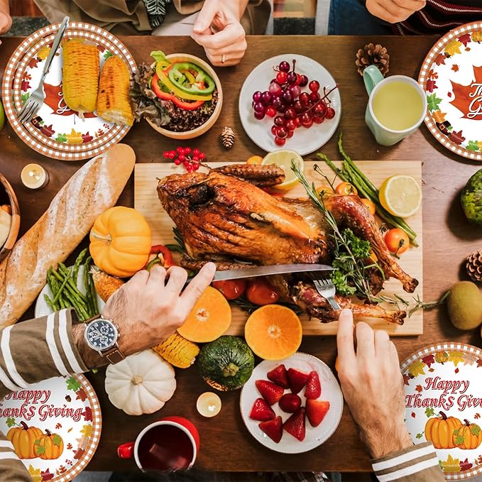 96 Pcs Thanksgiving Plates and Napkins - Pumpkin Maple Leaf Theme Party Supplies Disposable Paper Tableware for Thanksgiving Decor Fall Dinnerware Set Serves 24 Guests