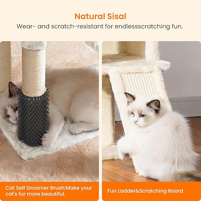 Heybly Cat Tree with Cat Self Groomer Brush, Cat Tower Condo for Indoor Cats with Padded Plush Perch,Cat House with Basket Scratching Board Post, Beige HCT005SM