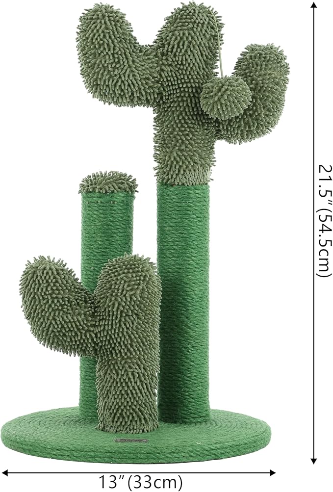 CTR1008A Marfa 21.5" Modern Jute Triple-Cactus Cat Scratching Post with Fuzzy Toy, Green