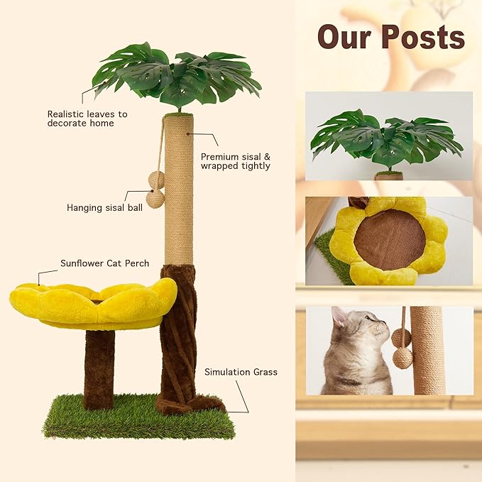 Cat Scratching Posts Cat Scratcher with Premium Sisal Rope, Sunflower Cat Platform and Danging Balls,33.86" Tall Cat Scratcher, Suitable for Large Adult cat, Kitten, and All Type of Cats